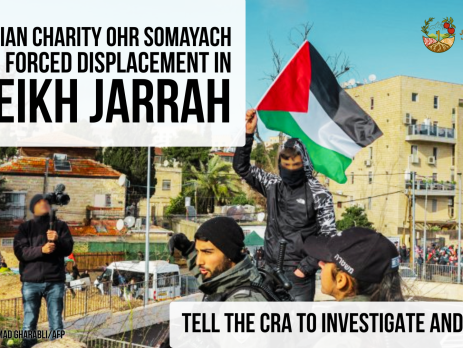 Background photo of a Palestinian teenager holding a Palestinian flag in the face of israeli police in Sheikh Jarrah. Text reads: Canadian charity Ohr Somayach funds forced displacement in Sheikh Jarrah. Tell the CRA to investigate and revoke