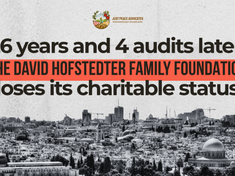 Along the bottom of the photo is a photo of the Al Aqsa Mosque with Jerusalem in the background. with text reading: 26 years and 4 audits later, the david hofstedter family foundation loses its charitable status