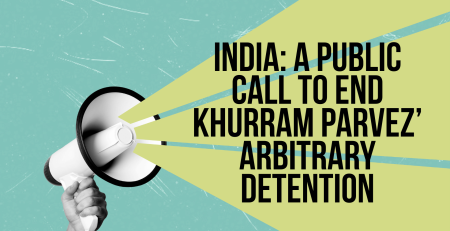 Light teal background with a person holding a white and black megaphone with a graphic of 'sound waves' emerging. Text reads: India: A public call to end Khurram Parvez’ arbitrary detention