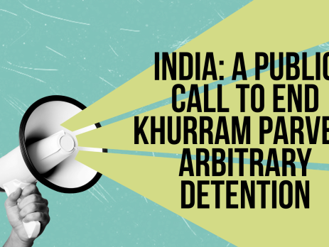 Light teal background with a person holding a white and black megaphone with a graphic of 'sound waves' emerging. Text reads: India: A public call to end Khurram Parvez’ arbitrary detention