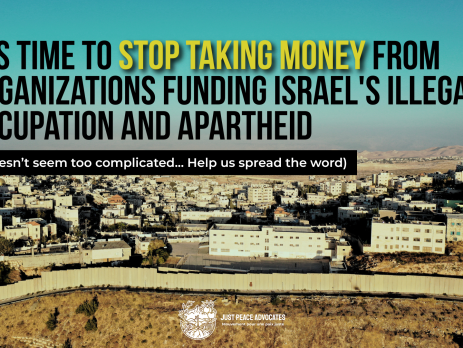 Background photo of 'Anata in Jerusalem, Palestine with the apartheid wall int eh foreground. Text reads: It's time to stop taking money from organizations funding Israel's illegal occupation and apartheid. (Doesn’t seem too complicated... Help us spread the word)
