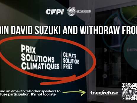 "Dark background photo of a wall with the Climate Solutions Prize title in english and french. Text reads:Join David Suzuki and withdraw from the Climate Solutions Prize. Send an email to tell other speakers to refuse participation. It’s not too late."