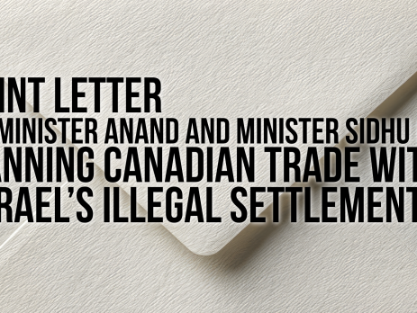 Background photo of an envelope with black text overtop: Joint letter to Minister Anand and Minister Sidhu on Banning Canadian Trade with Israel’s Illegal Settlements