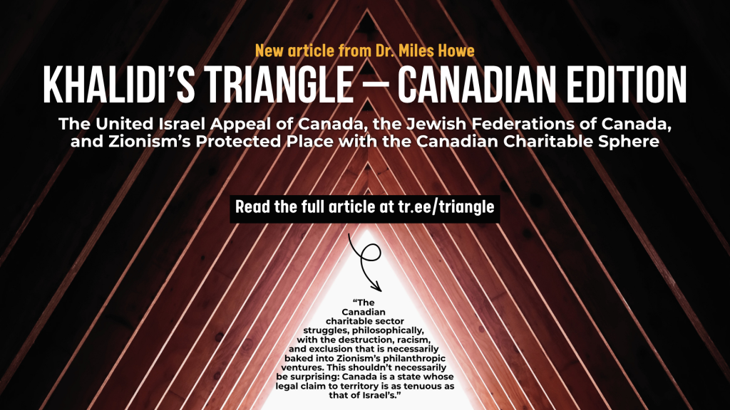 "Background photo of a structure that is a triangle shape, with wooden beams holding the two sides coming from the ground to meet at the top. Text reads: New article from Dr. Miles Howe. Khalidi’s Triangle – Canadian Edition: The United Israel Appeal of Canada, the Jewish Federations of Canada, and Zionism’s Protected Place with the Canadian Charitable Sphere. At the bottom is a quote from the article and a link to read the full article at tr.ee/triangle"
