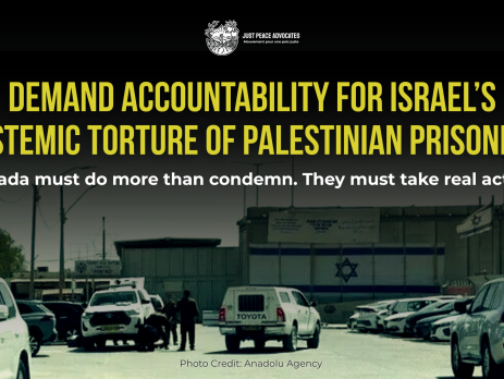 Background photo of an Israeli prison with cement walls and a large Israeli flag on the side with vehicles outside in the parking lot and a couple Israeli prison/police force members beside a vehicle. Text reads: Demand Accountability for Israel’s Systemic Torture of Palestinian Prisoners. Canada must do more than condemn. They must take real action.