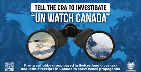 Blue background with a lighter blue map of the world overlayed by nearly transparent UN logos. Text reads: Tell the CRA to investigate "UN Watch Canada". Pro-Israel lobby group based in Switzerland gives tax-deductible receipts in Canada to spew Israeli propaganda. In the centre is a graphic of binoculars. In one side you see a flag of Israel and in the other side you see an area in Gaza that has just been bombed
