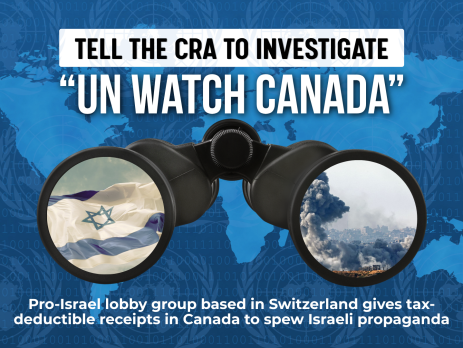 Blue background with a lighter blue map of the world overlayed by nearly transparent UN logos. Text reads: Tell the CRA to investigate "UN Watch Canada". Pro-Israel lobby group based in Switzerland gives tax-deductible receipts in Canada to spew Israeli propaganda. In the centre is a graphic of binoculars. In one side you see a flag of Israel and in the other side you see an area in Gaza that has just been bombed