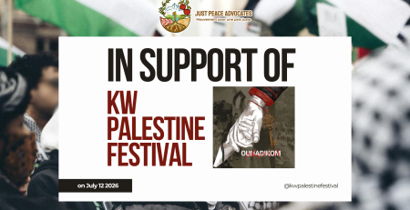 Blurred background photo of people protesting in support of Palestine, with flags, and people wearing kuffiyehs. A white box on the front with black and red text reads: In support of KW Palestine Festival on July 12 2026 @kwpalestinefestival
