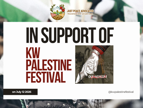 Blurred background photo of people protesting in support of Palestine, with flags, and people wearing kuffiyehs. A white box on the front with black and red text reads: In support of KW Palestine Festival on July 12 2026 @kwpalestinefestival