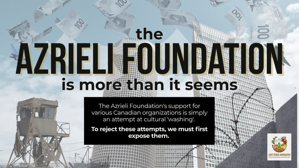 alt: "Background of the Azrieli towers in Israel - multiple skyscrappers with countless windows - with Canadian $100 bills falling from the sky. On the bottom left is an IOF outpost and on the bottom right is the annexation wall with barbed wire. Text reads: the Azrieli foundation is more than it seems. The Azrieli Foundation's support for various Canadian organizations is simply an attempt at cultural 'washing'. To reject these attempts, we must first expose them."