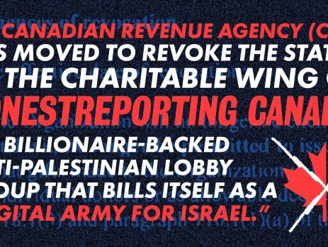 Dark blue background with faded legal language re: charity revocation in background. Bright red and white text reads: The Canadian Revenue Agency (CRA) has moved to revoke the status of the charitable wing of HonestReporting Canada, the billionaire-backed anti-Palestinian lobby group that bills itself as a “digital army for Israel.”