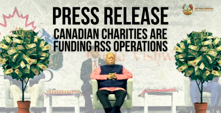 Background photo of Mohan Bhagwat, chief of RSS sitting in a chair on stage with three other people (who are blurred out). On either side are graphics of money trees, literally money on trees. Text reads: PRESS RELEASE: CANADIAN CHARITIES ARE FUNDING RSS OPERATIONS