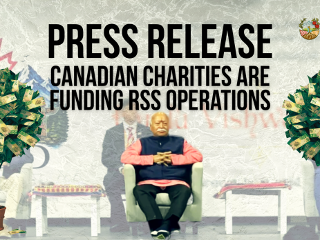 Background photo of Mohan Bhagwat, chief of RSS sitting in a chair on stage with three other people (who are blurred out). On either side are graphics of money trees, literally money on trees. Text reads: PRESS RELEASE: CANADIAN CHARITIES ARE FUNDING RSS OPERATIONS