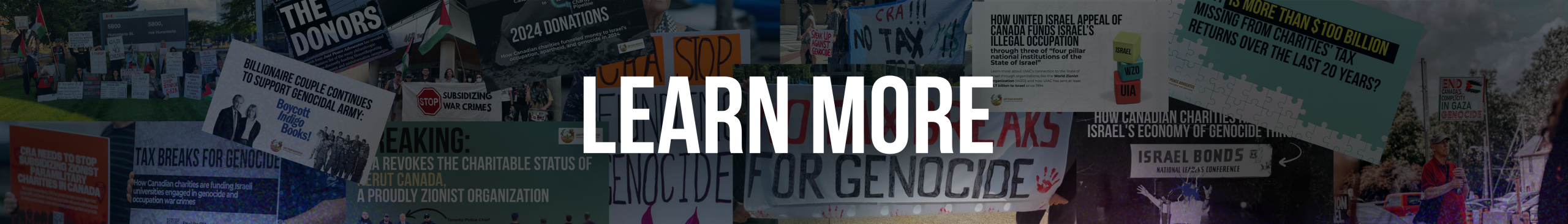 Collage of photos of people taking actions (e.g., holding signs at rallies), graphics from various campaigns (e.g., "Billionaire Couple Continues to Support Genocidal Army: Boycott Indigo Books!"), and protest signs (e.g., "CRA STOP FUNDING GENOCIDE"). Text overlaid reads: LEARN MORE