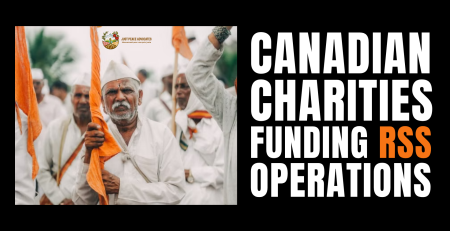 Black background with a photo a group of Indian men with brown skin, wearing white clothes and hats, holding bright orange flags. The orange or saffron flags are the official symbol of the RSS. Text reads: Canadian charities funding RSS operations.