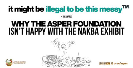 White background with black and teal text. At the bottom is a graphic of a simple drawing of a stick person holding up two random items while standing in the middle of a chaotic mess. Text reads: It might be illegal to be this messy + (perhaps) why the Asper Foundation isn't happy with the Nakba Exhibit