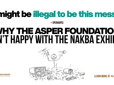 White background with black and teal text. At the bottom is a graphic of a simple drawing of a stick person holding up two random items while standing in the middle of a chaotic mess. Text reads: It might be illegal to be this messy + (perhaps) why the Asper Foundation isn't happy with the Nakba Exhibit