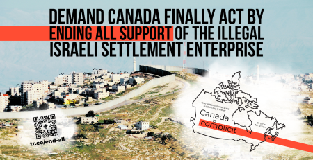 Background photo of the annexation wall in Jerusalem. Bold black text reads: Demand Canada finally act by ending all support of the illegal Israeli settlement enterprise. In the bottom right is a graphic of the outline of Canada with the words (tiny): One settler colonial state supporting another / (bigger): Canada is complicit / (smaller) : it's time for action