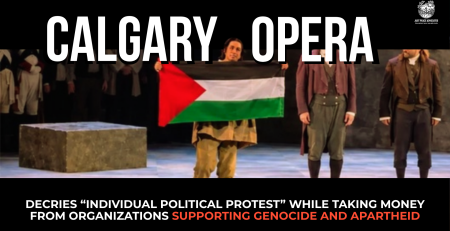 Photo of Calgary Opera performer Gabriel Sanchez-Ortega holding the Palestinian flag on stage after a performance of TOSCA. Bold text reads: Calgary Opera decries “individual political protest” while taking money from organizations supporting genocide and apartheid